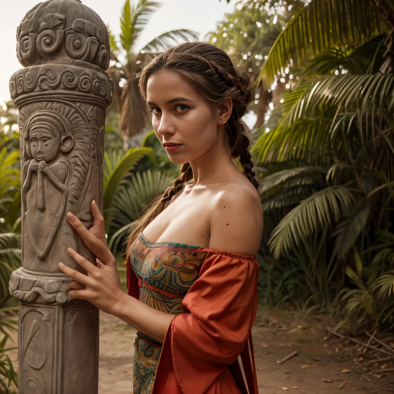 April - Jungle Ruins in Tikal, Guatemala
A woman named LaGermania poses for a chic calendar photoshoot among jungle ruins in Tikal, Guatemala during April. She stands amidst ancient Mayan temples and towering ceiba trees, with howler monkeys calling in the distance under a canopy of lush greenery. LaGermania wears a tribal-inspired gown in hues of terracotta red and jade green, its woven fabric and geometric patterns echoing the ancient traditions of Mayan civilization. The gown's off-shoulder neckline and embroidered details create a silhouette that harmonizes with the mystical atmosphere of Tikal's jungle ruins. Her hair, styled in braids adorned with quetzal feathers, adds a touch of exotic elegance to her ensemble. LaGermania's pose is regal yet enigmatic, one hand lightly touching a weathered stela while the other holds a traditional Mayan clay pot, its intricate designs reflecting the artistry of ancient Maya artisans. The scene captures the timeless grandeur of Tikal's jungle ruins and the cultural legacy of Mesoamerican civilizations, where each detail—from the tribal-inspired gown to LaGermania's poised expression—invites viewers to uncover the mysteries of Guatemala's ancient jungle kingdoms.