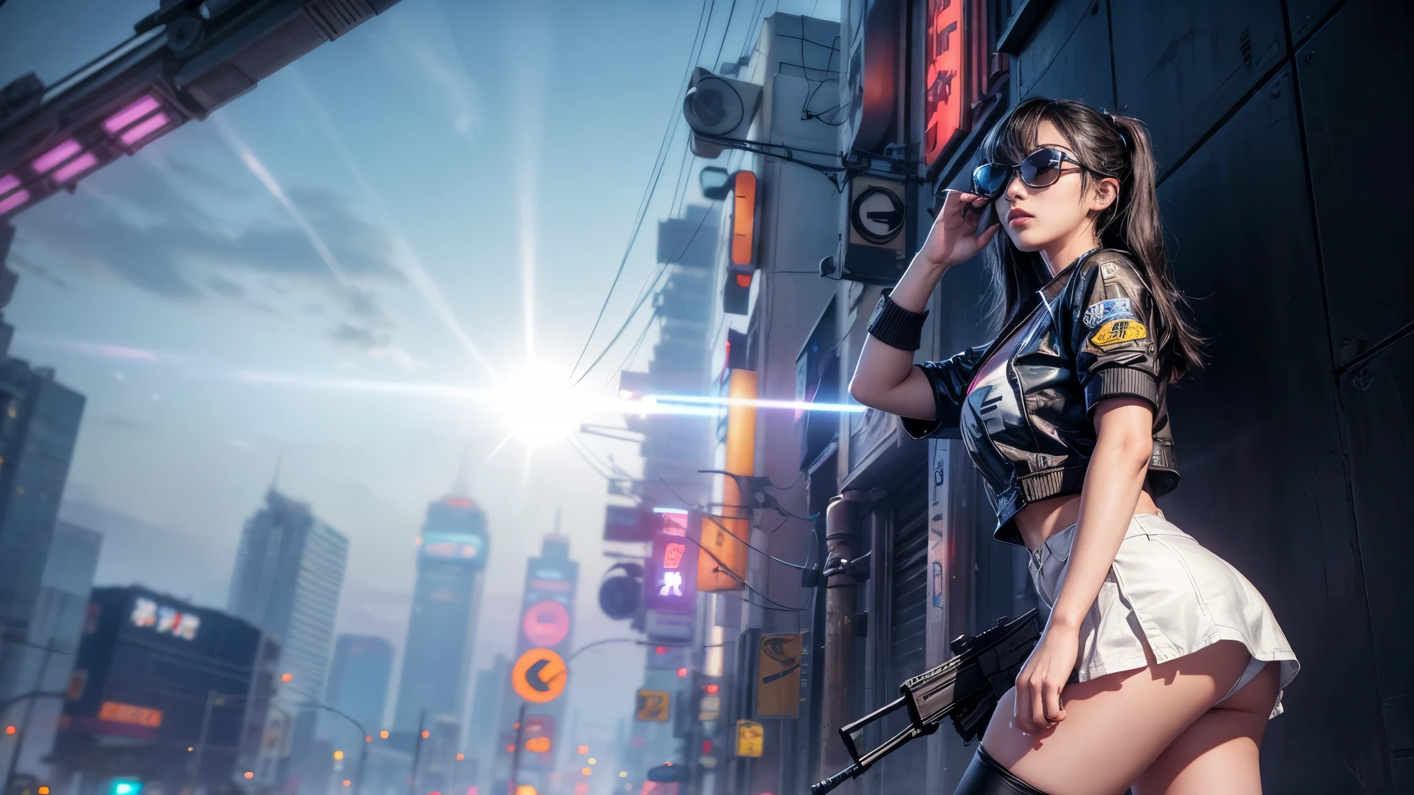 ８k, Realistic Skin Texture, Realistic Photo, Neo Tokyo, slim Japanese women, large-breast:1.3 cleavage, ＡＤ2050 at night, Dirty hunting jacket, Wearing shirt, miniskirt, (((micro black sunglasses, automatic rifle, sneakers, cold, shooting pose, low angle view))), Innovative composition, revenge, An old 1966 Ford Bronco that looks out of place in a city, cyberpunk, blade runner worldview, Large neon sign, Geisha hologram sign, Strong Wakamoto Sign.