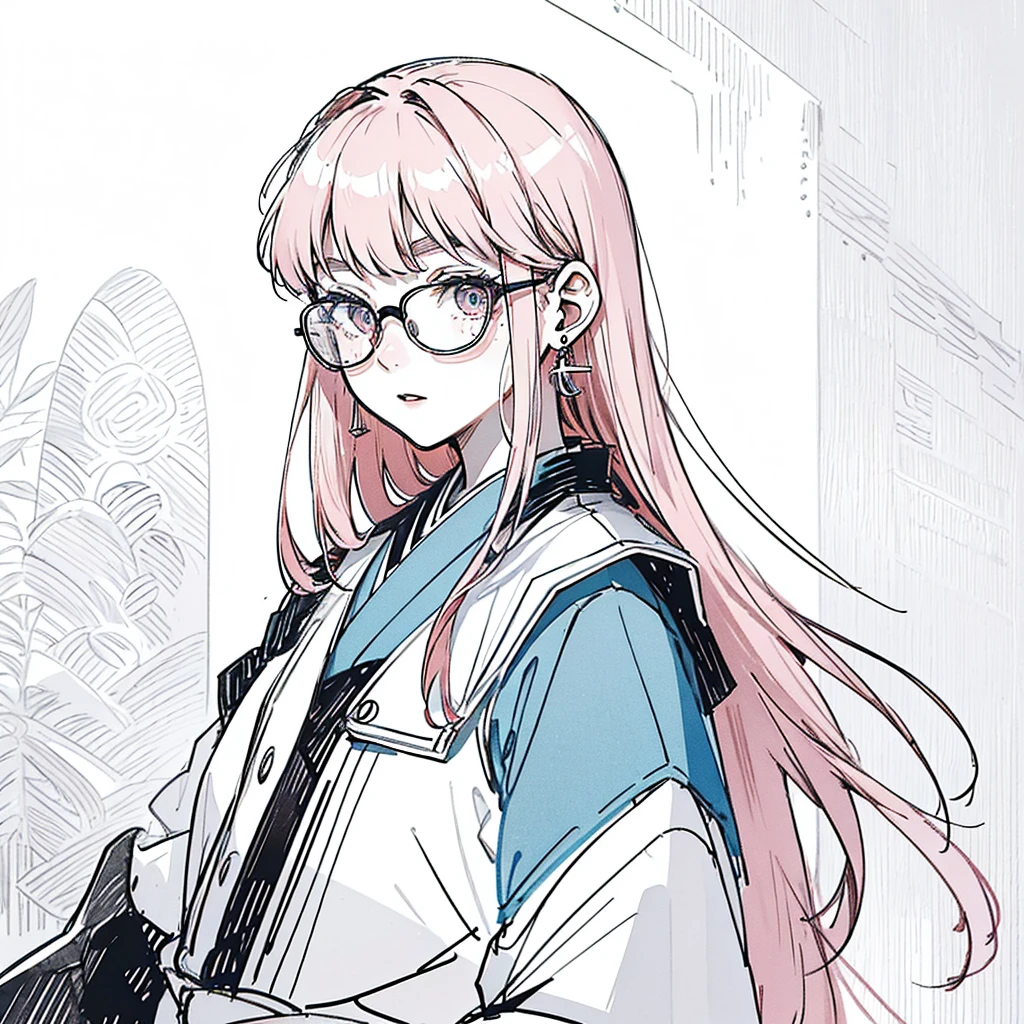 A 18-year-old japanese girl with long pink hair. Her eyes are blue and she wears round-rimmed glasses. She has slightly round eyebrows and a small mole near her mouth. She has a few freckles near her nose and many small earrings on her ears.