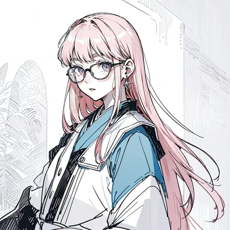 A 18-year-old japanese girl with long pink hair. Her eyes are blue and she wears round-rimmed glasses. She has slightly round ey...
