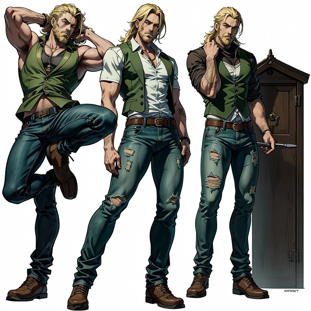 character ANIME man, FULL BODY, standing, STRONG, long blonde hair, ((design sketches)), (masterpiece), extremely detailed, (original design reserved), (random poses), LEADER, (unique accessories), (clothing, green vest, jeans), (bearded face) professionally retouched, white background, (male: 1.1) martial arts, parkour (cauça Jeans r: 0.8), (dirty: 1.1), (movement: 0.8), (young: 1.3), (sprint: 0.6) (silent hill concept) (resident evil concept)  