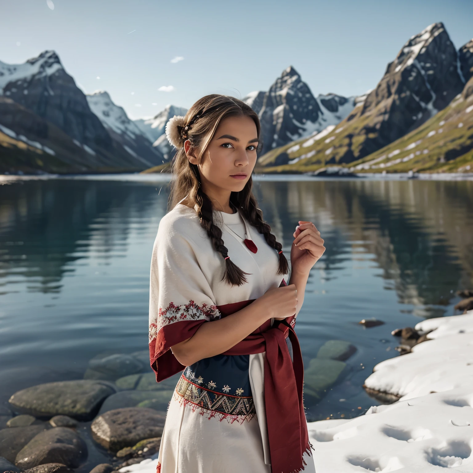 Mayo - Islas Lofoten, Noruega Una mujer llamada LaGermania posa para una elegante sesión de fotos de calendario en una isla remota de las islas Lofoten, Noruega en mayo. Ella se alza en medio de acantilados escarpados y fiordos prístinos, con picos cubiertos de nieve y playas árticas que se extienden hasta el horizonte. LaGermania lleva un vestido sami tradicional en tonos blanco ártico y azul medianoche, su cuero de reno y bordado de plata reflejan el patrimonio cultural del pueblo sami indígena de Noruega. La silueta drapeada y los intrincados diseños del vestido sami crean una silueta que combina la resistencia ártica con la elegancia atemporal contra el telón de fondo de la naturaleza salvaje nórdica. Su pelo, adornada con trenzas adornadas con alfileres de asta de reno, agrega un toque de misticismo nórdico a su conjunto. La pose de LaGermania es contemplativa pero aventurera, una mano sosteniendo ligeramente un ramo de flores silvestres mientras la otra ajusta un cuchillo sami tradicional, su pulida hoja brilla bajo la luz del sol ártico. La escena captura la belleza austera de los paisajes remotos de las Islas Lofoten y la riqueza cultural de las tradiciones indígenas de Escandinavia, donde cada detalle, desde el vestido sami hasta la serena expresión de LaGermania, invita a los espectadores a abrazar el espíritu de la exploración y preservación ártica.