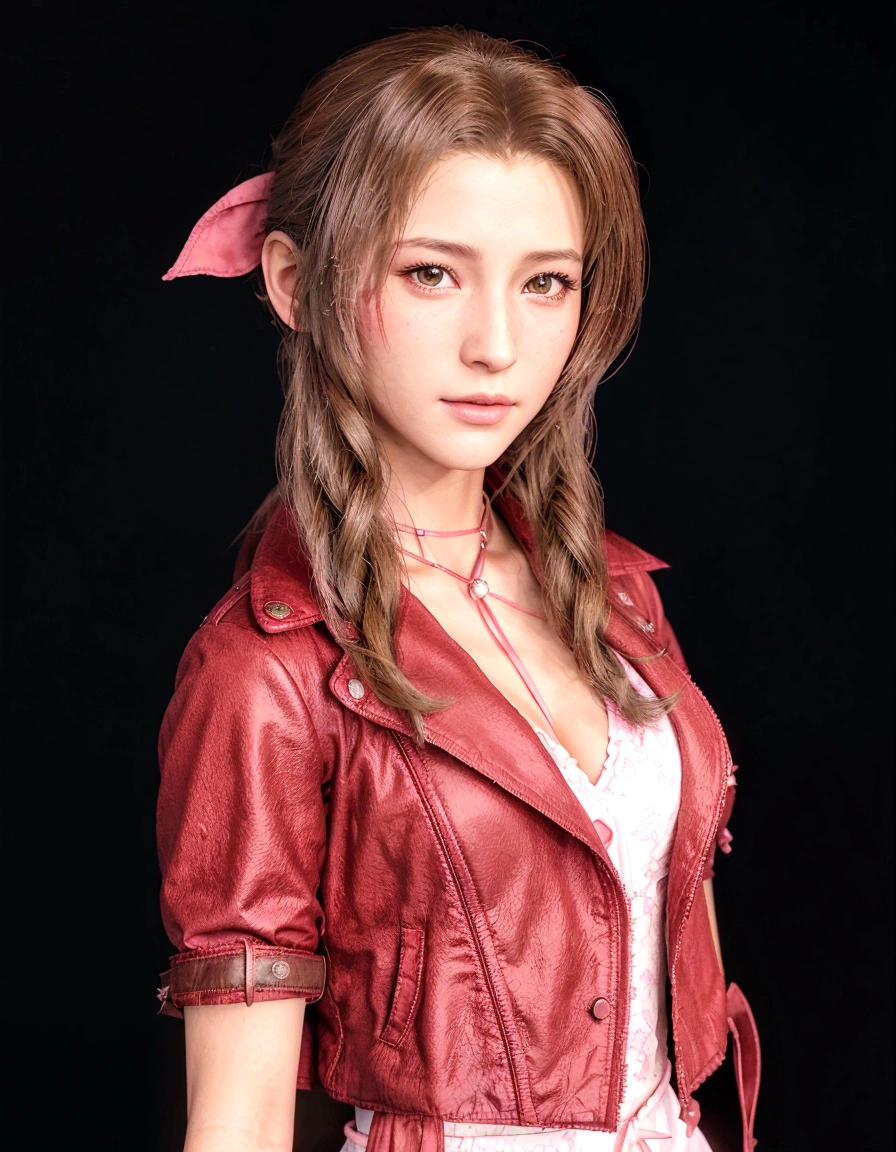 imagem arafada de uma mulher com uma jaqueta vermelha e um laço rosa, Aerith Gainsborough, glamorous retrato aéreo, beautiful Aerith Gainsborough, renderização de abril, retrato de aerith, personagem de fantasia final, retrato aéreo, cara de fantasia final, da fantasia final, aerith, aerith, de ff7, Personagem feminina