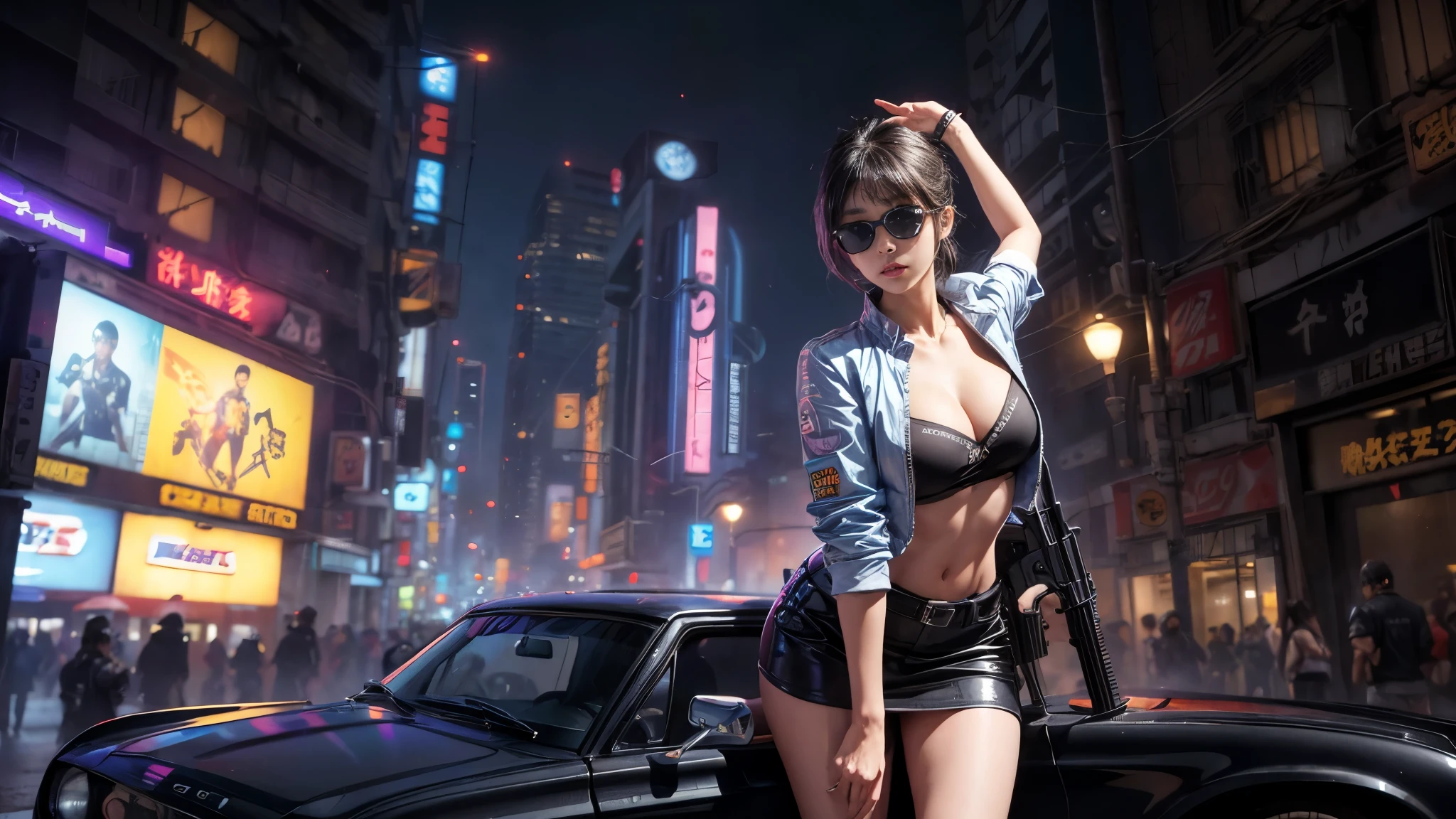 ８k, Realistic Skin Texture, Realistic Photo, Neo Tokyo, slim Japanese women, large-breast:1.3 cleavage, ＡＤ2050 at night, Dirty hunting jacket, Wearing shirt, miniskirt, (((micro black sunglasses, automatic rifle, sneakers, cold, shooting pose, low angle view))), Innovative composition, revenge, An old 1966 Ford Bronco that looks out of place in a city, cyberpunk, blade runner worldview, Large neon sign, Geisha hologram sign, Strong Wakamoto Sign.