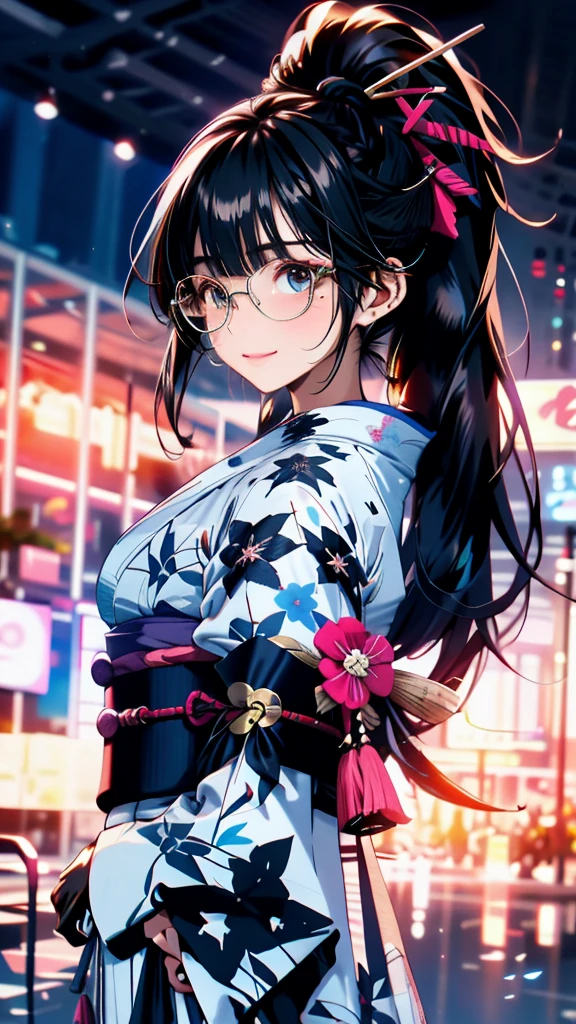 Black Hair, bangs, curtained hair, crossed bangs, Long Hair, Messy Hair, ponytail, とてもLong Hair, Black Hair, bangs, curtained hair, crossed bangs, Long Hair, Messy Hair, ponytail, とてもLong Hair, Big Hair, ((Glasses)), Hair Ears, Tying up hair, Hair flap, widow peak, headgear, Hair Ribbon, Hairpin, Hair Pod, 白いHair Ribbon, Mole under the eye, Raise your eyebrows, eyeball, Wicked Smile, crazy, shy, Frowning, Juru, dark (Performance), Captivating smile, Anime Big Tits, Minimalism, Anime Style, Anime Big , Minimalism, Anime Style, viewing angle, ((Photograph the whole body)), Hyper HD, retina, masterpiece, Accurate, Textured skin, Super detailed, high quality, Attention to detail, Awards, 最high quality, High resolution, 16K, Hyper HD, retina, masterpiece, Accurate, Textured skin, Super detailed, high quality, Attention to detail, Awards, 最high quality, High resolution, 16K(((Beautiful yukata)))((Old cityscape background))