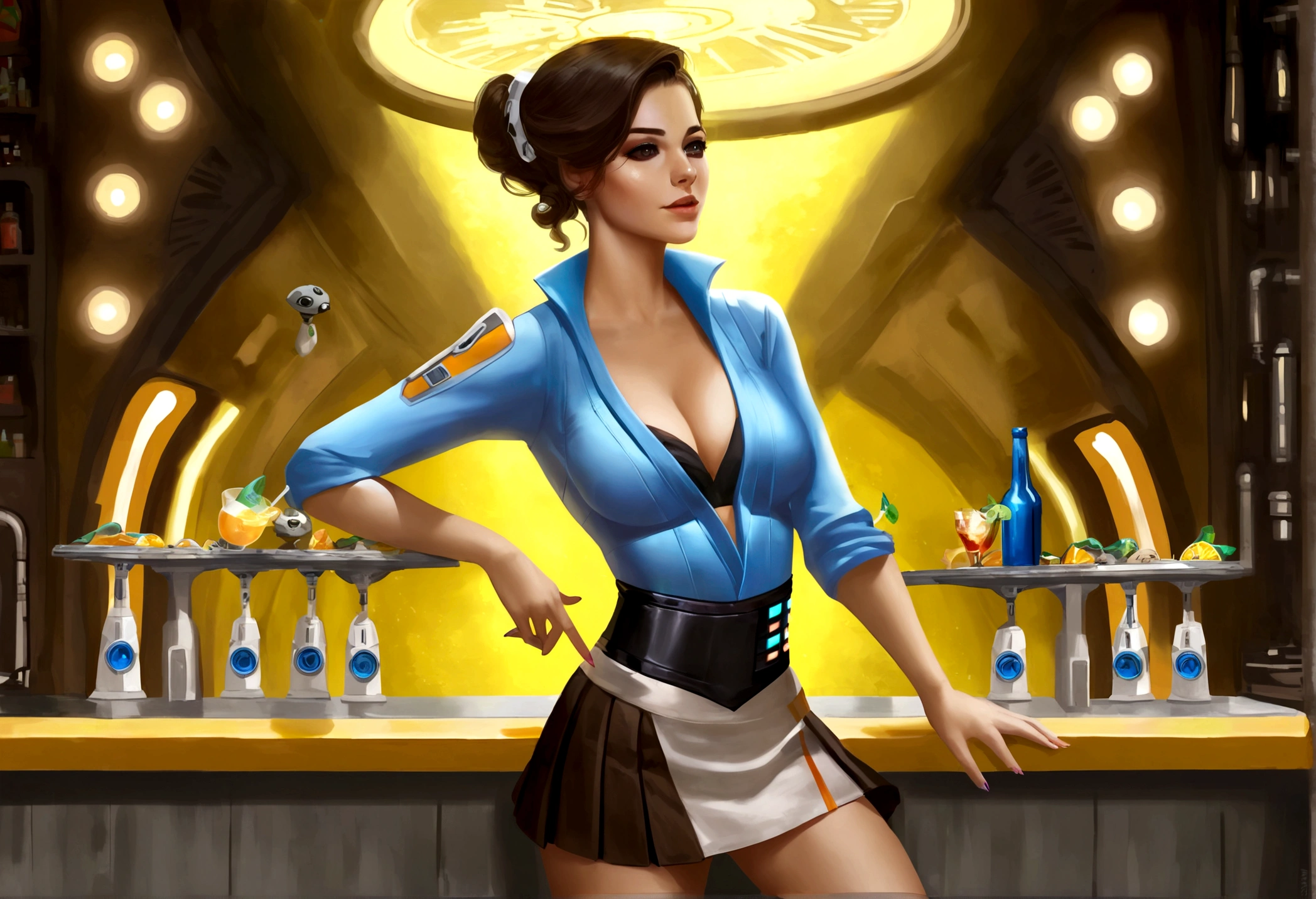 A cute woman in a sci fi waitress outfit (deep neckline, mini skirt, safe for work) is working at a Star Wars cantina serving drinks to wild and rowdy aliens.
