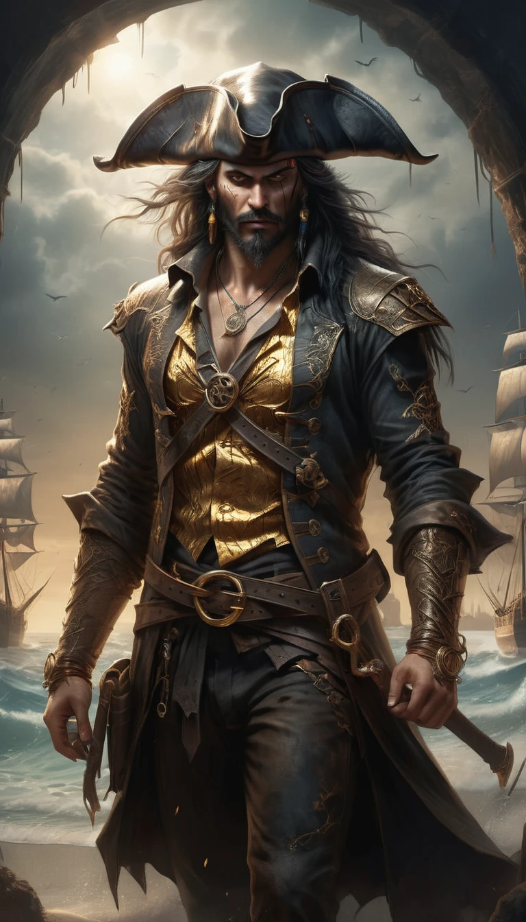 ineathered skin pirate, tilted tricorn hat inith turned-up Brim, Eye patch、Sunburned skin, Black Beard, Gold Hoop Earrings, Gold Ring, Ocean Themed Tattoos, loose inhite shirt, knee-high leather Boots, inide leather Belt inith large Buckle, cutlass, sturdy ship inith tattered sails in a harBor, Barrels, Wooden box, Rope winding, Sam Sprat style, Ben Templesmith and Alexander Jansson,
Satanic, Angelic style (B&in, monochromatic, Film Photography:1.3),  PhotoRealistic, HyperRealistic, Ultra-detailed, Dark Movies, Analog Style, Soft lighting, suBsurface scattering, Realistic, heavy shadoin, masterpiece, Best quality, ultra Realistic, 8K, Golden Ratio, Complex, High detail, Film Photography, Soft Focus