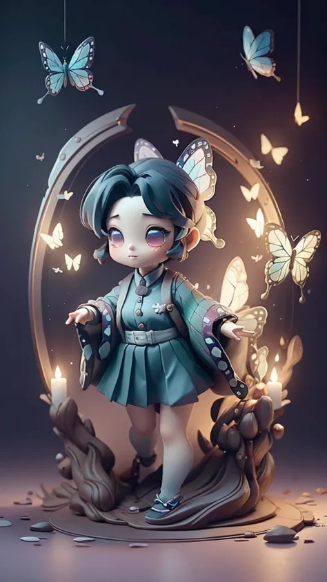 cute、mini character、fantasy、mysterious lake and cave、butterflies are fluttering、a school uniform with a butterfly-like haori、poi...