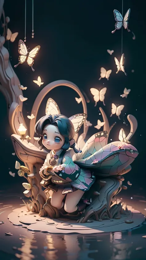 cute、mini character、fantasy、mysterious lake and cave、butterflies are fluttering、a school uniform with a butterfly-like haori、poi...