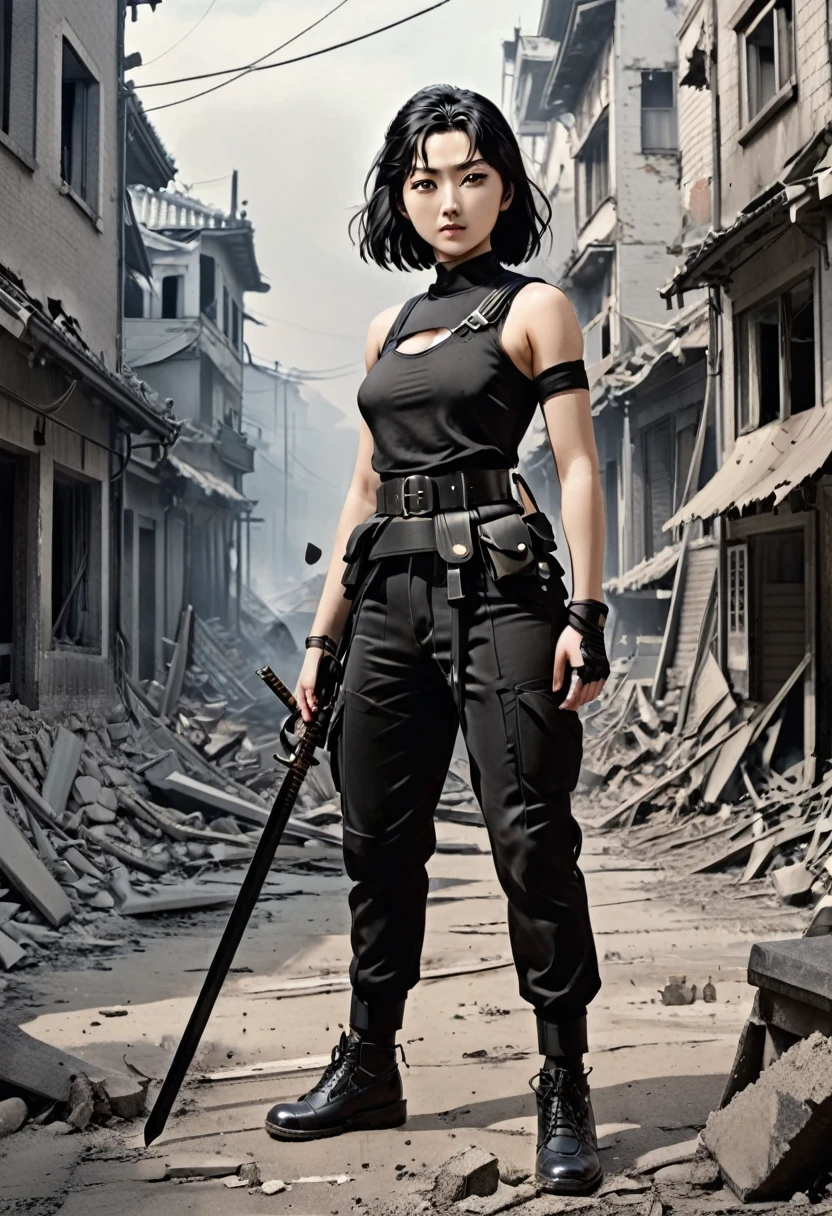 (Masterpiece, detailed, beautiful, splendid)(High definition, 8k, Cinematic shot, panoramic, full body) a woman, 25 years old, 1.7 meters tall, black hair, black eyes, curvy athletic body [Black top tactical, black tight pants, gun belt, military tactical shoes] holds a Japanese katana in his right hand, walks in the middle of a destroyed city, at night, a lot of destruction around, it is a post-war city