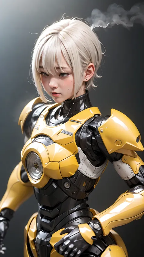 Highest quality　8k yellow metal armor　Robot Suit Girl　Kindergarten girl　Sweaty face　cute　short hair　boyish　Steam coming from the...