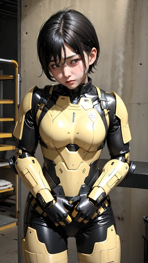 Highest quality　8k yellow metal armor　Robot Suit Girl　Kindergarten girl　Sweaty face　cute　short hair　boyish　Steam coming from the...