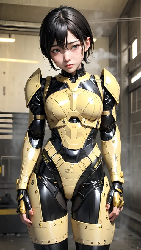 Highest quality　8k yellow metal armor　Robot Suit Girl　Kindergarten girl　Sweaty face　cute　short hair　boyish　Steam coming from the...