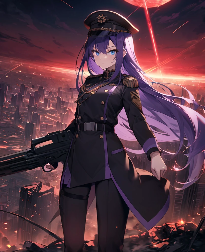 Facing forward　girl　Military uniforms with a white base and some black　Spectacular Background　A shooting star is falling　Beautiful night view　　　She is on the right　On the left you can see the destroyed city.　He has a gun　　　服にはplaneが描かれています　背景の上部にはFighterが飛んでいます　Red Moon　blue eyes　　There is one person　Purple long hair　wearing a military cap　war　I'm wearing pants　Precision　masterpiece　girlにクローズアップ　girlを正面から見ています　ponytail　long hair　soldier　battlefield　{超Precision} Satanic　She's angry　But I&#39;m angry　Hanging eyes　Anime Style　 {war} {Gunfight} {Fighterの擬人化} Fighter　tank　Battleship　plane　Thunder Day　Mechanical Man　宇宙Battleshipヤマトの武装をつけています　A dignified expression　F-16Fighterの翼を背中につけています　tankがいます　Clolinde　Genshin Impact