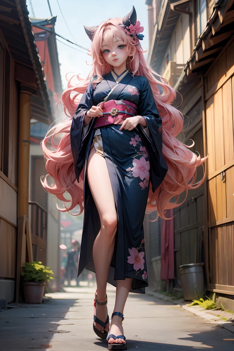 whole body,Complete plan,sfw,The Russian goddess princess in the form of a geisha with big bright blue eyes and long fluffy eyelashes of the Nordic type with a perfect elegant figure and very long fluffy wavy hair of bright wheat color is in full growth in the alley with the Japanese background Pink Sakura blooms on a bright navy blue kimono and Japanese shoes that turn bright navy blue, girl&#39;The lace kimono has an intricate design with ultra-short frank cuts......, Through the fabric you can see small breasts with protuberances and on the girl&#39;s ears are beautiful earrings with beautiful navy blue sapphires that shine and shine in the light..... The ground on which the girl stands is strewn with cherry blossoms......, The scene is very artistic.., high resolution, sharp focus, Midday art style-V5., hyperphotorealism, perfect proportions, Photo of the golden ratio.., walking stick, contour, sunlight, soft shine, soft focus, Photography-style soft focus through a Monocle lens.