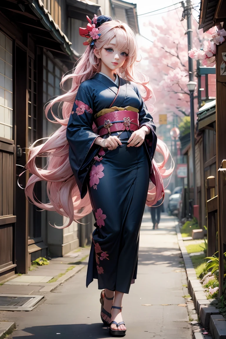 whole body,Complete plan,sfw,The Russian goddess princess in the form of a geisha with big bright blue eyes and long fluffy eyelashes of the Nordic type with a perfect elegant figure and very long fluffy wavy hair of bright wheat color is in full growth in the alley with the Japanese background Pink Sakura blooms on a bright navy blue kimono and Japanese shoes that turn bright navy blue, girl&#39;The lace kimono has an intricate design with ultra-short frank cuts......, Through the fabric you can see small breasts with protuberances and on the girl&#39;s ears are beautiful earrings with beautiful navy blue sapphires that shine and shine in the light..... The ground on which the girl stands is strewn with cherry blossoms......, The scene is very artistic.., high resolution, sharp focus, Midday art style-V5., hyperphotorealism, perfect proportions, Photo of the golden ratio.., walking stick, contour, sunlight, soft shine, soft focus, Photography-style soft focus through a Monocle lens.