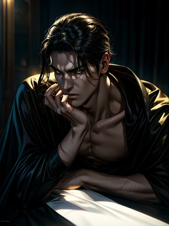 a tall slender young man with a flawless slim figure and a handsome face, long black hair, yellow eyes, beautiful black eyebrows, a vampire, his face with a thoughtful expression, wearing a pure white shirt and a black cape, a dagger in his hand, cinematic lighting, dramatic shadows, dark and moody atmosphere, chiaroscuro lighting, highly detailed portrait, intricate and realistic, masterpiece, photorealistic, digital art, concept art