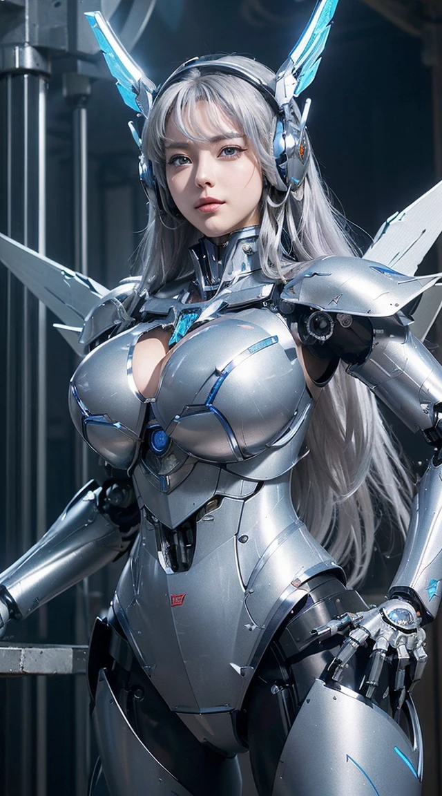 ((Intense action pose:1.6))、((Shining lenses on both breasts:1.3))、((Blue pillars of light are emanating from both chests.:1.3))、smile、((8K)), ((32k)), ((Highest quality)), ((masterpiece)), ((超A high resolution)), ((Tmasterpiece)), ((Halation:1.4))、((Mechanical headgear:1.2))、((Cyber Headphones:1.3))、Fine skin, High quality fabric, Fine metal texture、((Beautiful and dense face))、RAW Photos、Professional, Ultra-fine painting, ((alone)), Beautiful breasts、Highest quality, Very detailed, Very detailed, Finer details, so beautiful, ((Princess Knight Robot:1.2)),  (Joints of machines, Mechanical Limbs:1.3), (The internal structure of the machine is exposed:1.3), (Long silver hair:1.1), (Beautiful and huge mechanical breasts)、White Veil, cowboy_shot, Side Focus, headgear, Shiny、(Five Fingers, Four fingers and thumb),Concept Art, Anime fantasy artwork, Detailed fantasy art, (with pale blue-violet hair and large white wings,,,,,,,), (((Long silver hair))), (Mecha:1.6)、Sleek and intimidating design, ((Commander-in-Chief&#39;arm)), (Perfect robot body)、Pure white and blue-purple arm or, Symmetrical wings, 8K high quality, detailed art, 3D rendering of character art in 8K, neat legs, Defined, Defined fingers,