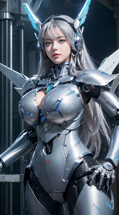((Intense action pose:1.6))、((Shining lenses on both breasts:1.3))、((Blue pillars of light are emanating from both chests.:1.3))...