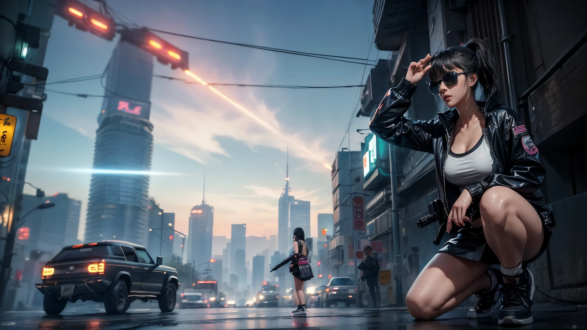 ８k, Realistic Skin Texture, Realistic Photo, Neo Tokyo, slim Japanese women, large-breast:1.3 cleavage, ＡＤ2050 at night, Dirty hunting jacket, Wearing shirt, miniskirt, (((micro black sunglasses, automatic rifle, sneakers, cold, shooting pose, low angle view))), Innovative composition, revenge, An old 1966 Ford Bronco that looks out of place in a city, cyberpunk, blade runner worldview, Large neon sign, Geisha hologram sign, Strong Wakamoto Sign.