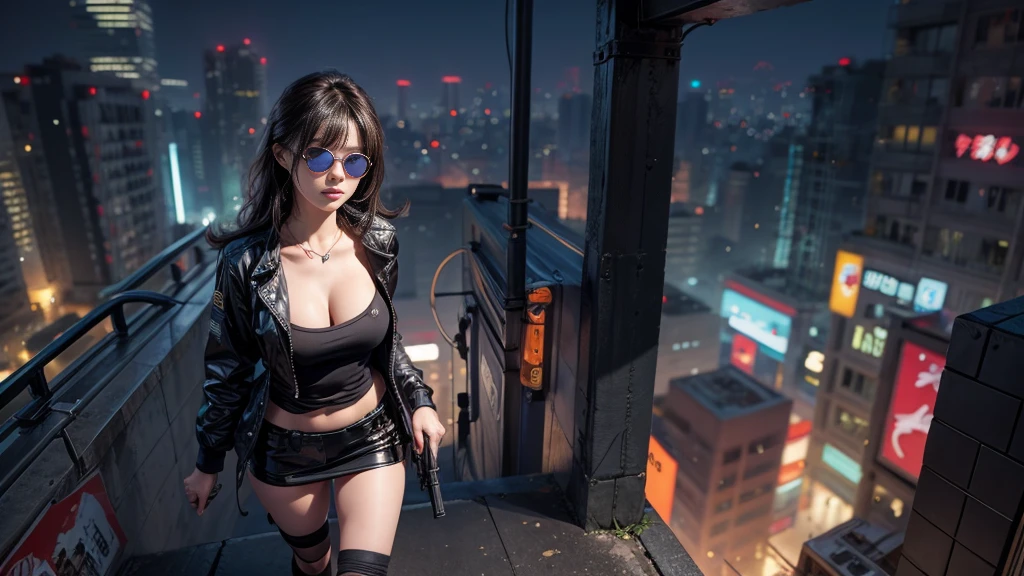 ８K, Realistic SKin Texture, foto realista, Neo ToKyo, mulheres japonesas magras, peito grande:1.3 decote, ＡＤ2050 à noite, Dirty hunting jacKet, vestindo camisa, minisKirt, (((micro blacK sunglasses, espingarda automática, sneaKers, frio, pose de tiro, Vista de ângulo baixo))), composição inovadora, vingança, An old 1966 Ford Bronco that looKs out of place in a city, cyberpunK, Visão de mundo do Blade Runner, Grande letreiro de néon, Sinal de holograma de gueixa, Strong WaKamoto Sign.