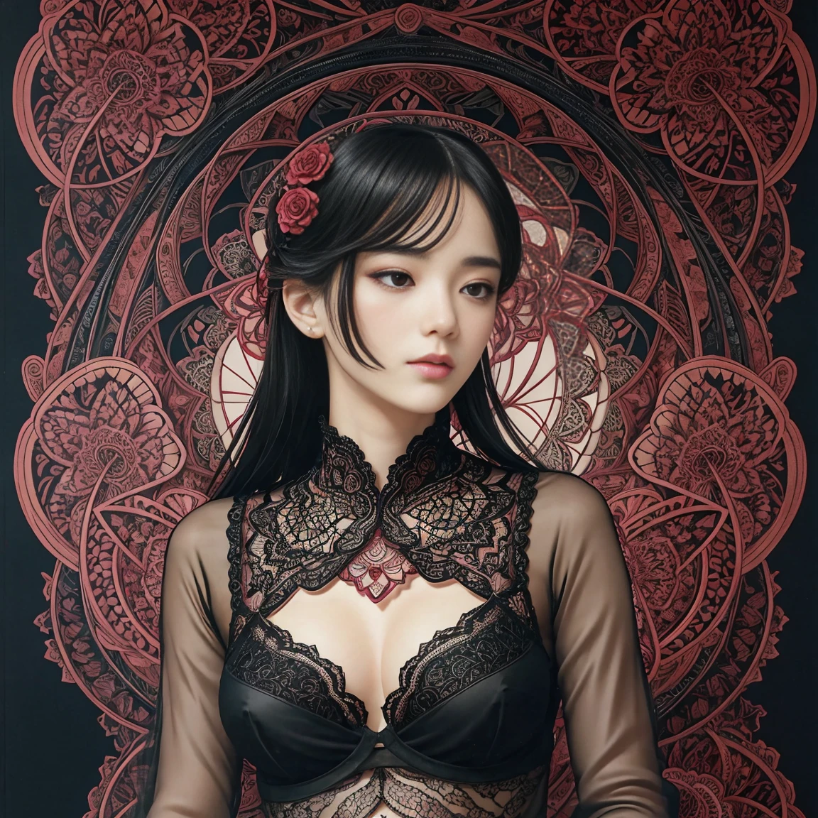 official art, unity 8k wallpaper, ultra detailed, beautiful and aesthetic, Black see-through blouse, Black see-through camisole, Black lace panties, Black lace bra, heavy makeup, masterpiece, best quality, (zentangle, mandala, tangle, entangle), (fractal art:1.3) , 1girl, red flowers, extremely detailed, dynamic angle, cowboy shot, the most beautiful form of chaos, elegant, a brutalist designed, vivid colours, romanticism, atmospheric, takato yamamoto, 