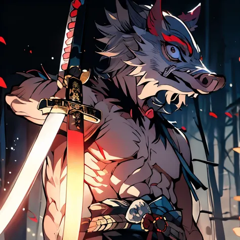 masterpiece、delicate eyes、inosuke hashibira、boar mask、japanese sword、night forest、upper body裸、upper body