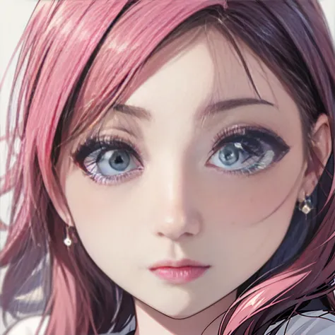 beautiful detailed woman, neckline, pink and blue hair, big eyes, extremely eyes, kawaii makeup, tender, magic effects with spar...