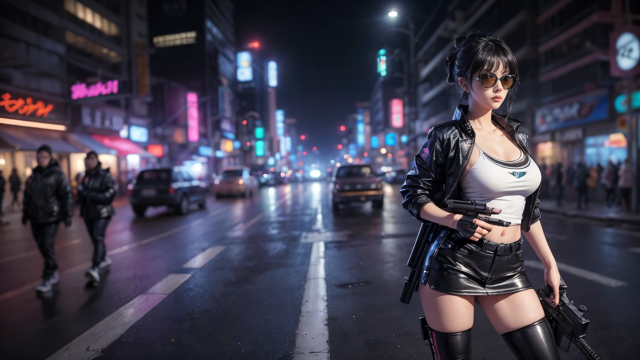 ８K, Realistic SKin Texture, foto realista, Neo ToKyo, mulheres japonesas magras, peito grande:1.3 decote, ＡＤ2050 à noite, Dirty hunting jacKet, vestindo camisa, minisKirt, (((micro blacK sunglasses, espingarda automática, sneaKers, frio, pose de tiro, Vista de ângulo baixo))), composição inovadora, vingança, An old 1966 Ford Bronco that looKs out of place in a city, cyberpunK, Visão de mundo do Blade Runner, Grande letreiro de néon, Sinal de holograma de gueixa, Strong WaKamoto Sign.