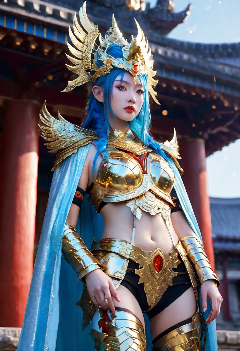 a celestial princess, red and gold mythical armor, iridescent, vibrant, octane render, icy blue eyes, cosmos hair, intricate mythical steel thigh armor, cape, intricate mythical pagoda headpiece, standing in front of ancient temple, sky full of stars, highly detailed, ultra-realistic, 8k, photorealistic, cinematic lighting, volumetric lighting, dramatic shadows, epic fantasy, digital painting, intricate details, award winning art