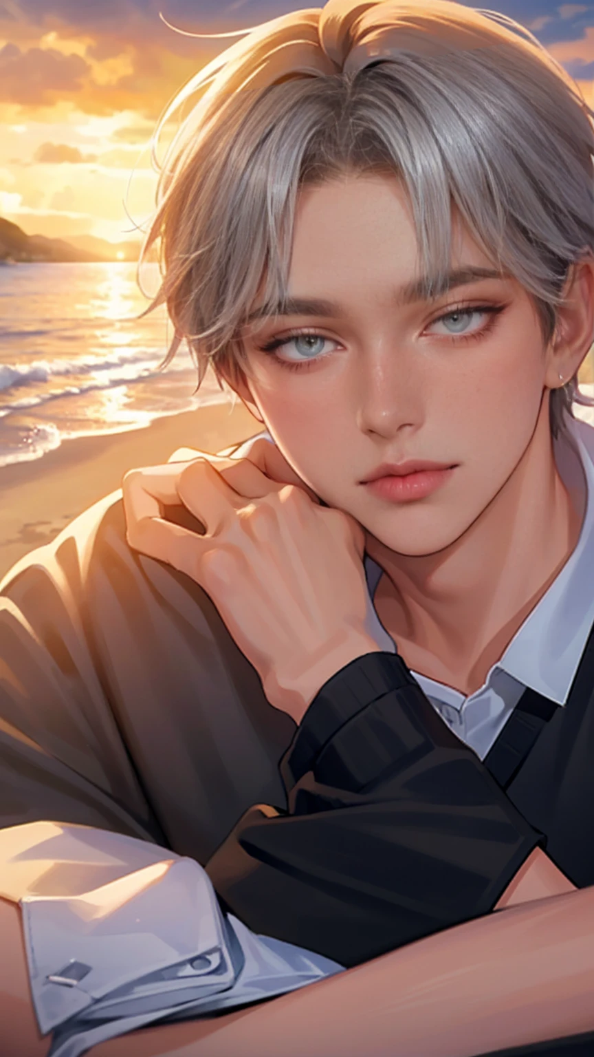 ((masterpiece)), ((best quality)), ((high resolution)), ((Extremely detailed CG unity 8k wallpaper)), Solitary, Orange, Tan school uniform, Black casual wear, White socks, outdoor, Face, Downy hair, beach, Separated hair, Silver short hair