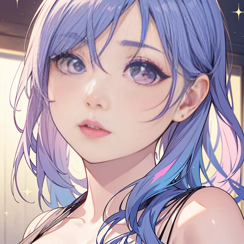 beautiful detailed woman, neckline, pink and blue hair, big eyes, extremely eyes, kawaii makeup, tender, magic effects with sparkles, all pink, pink effects, detailed face. sucking a candy. detailed, seductive well-defined face, vivid colors, detailed skin (best quality, 4k, 8k, high resolution, masterpiece: 1.2), ultra detailed. (realistic, photorealistic, photorealistic: 1.37), photo portrait, colorful eyes. Pink eyes, cute makeup. cute stickers. tender girl