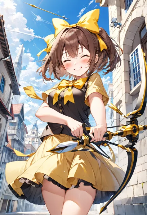 1 girl, alone, broad, blush, smile, brown hair, bow, two tails, closed eyes, weapon, short sleeves, hair bow, sky, day, blue sky...