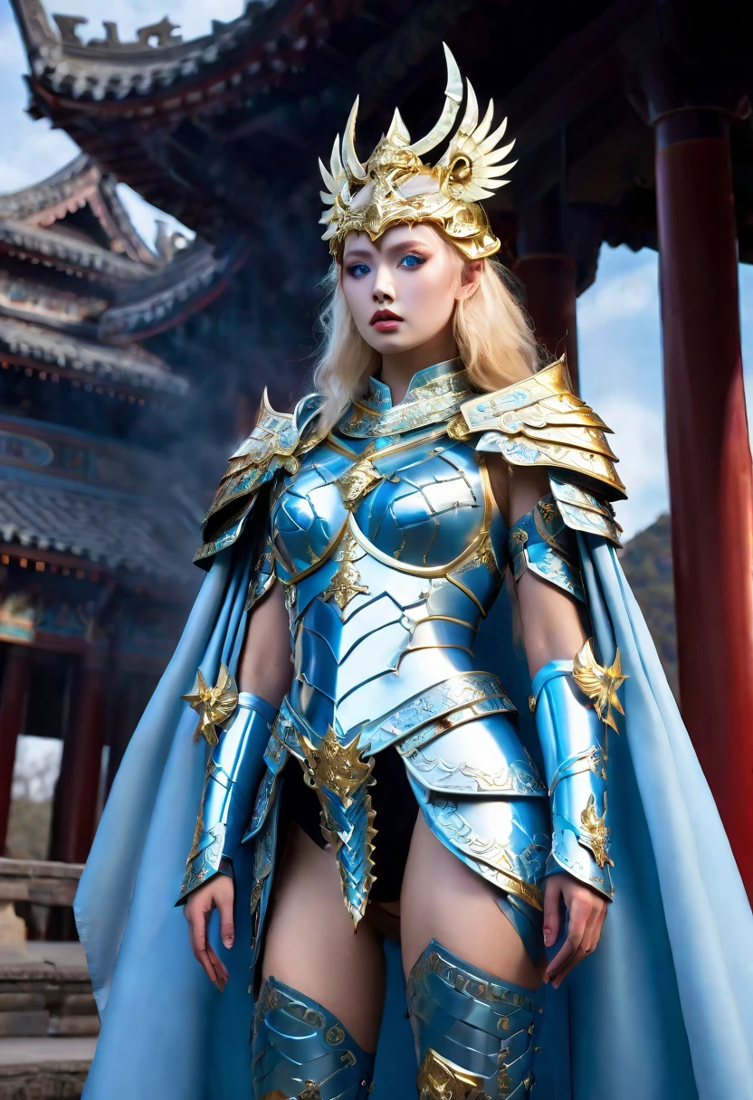 a celestial princess,wearing  red and gold mythical armor, iridescent, vibrant, octane render, icy blue eyes, blonde hair, intricate mythical steel thigh armor, intricate mythical steel tigh latex armor, cape, intricate mythical pagoda headpiece, standing in front of ancient temple, sky full of stars, highly detailed, ultra-realistic, 8k, photorealistic, cinematic lighting, volumetric lighting, dramatic shadows, epic fantasy, digital painting, intricate details, award winning art