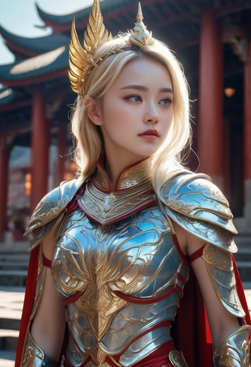 a celestial princess,wearing  red and gold mythical armor, iridescent, vibrant, octane render, icy blue eyes, blonde hair, intricate mythical steel thigh armor, intricate mythical steel tigh latex armor, cape, intricate mythical pagoda headpiece, standing in front of ancient temple, sky full of stars, highly detailed, ultra-realistic, 8k, photorealistic, cinematic lighting, volumetric lighting, dramatic shadows, epic fantasy, digital painting, intricate details, award winning art