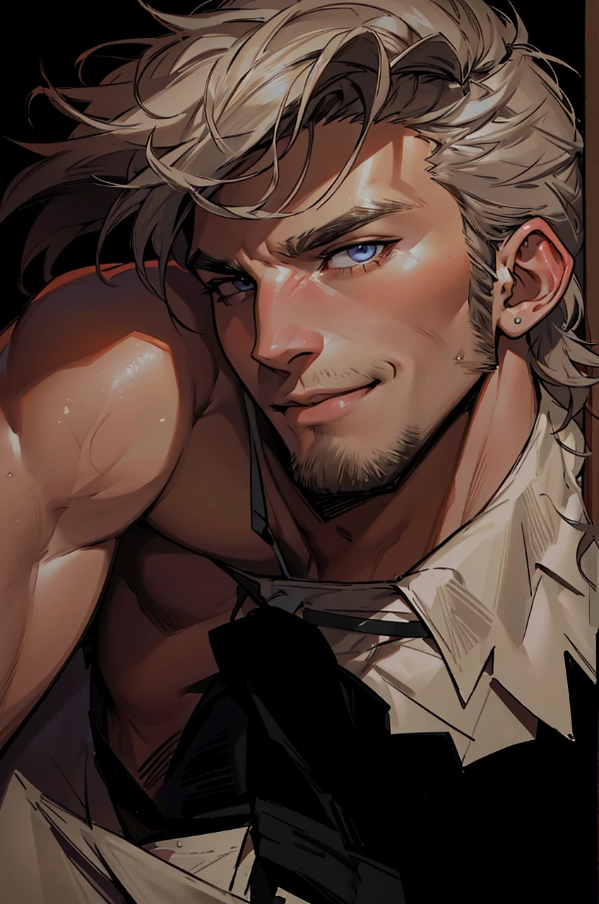 (absurdres, highres, ultra detailed), 1 male, mature, manly, tall muscular, handsome, detailed eyes, portrait, solo, close up, detailed background, (none background :1.1) short messy hair, eyes close, smile , diastema