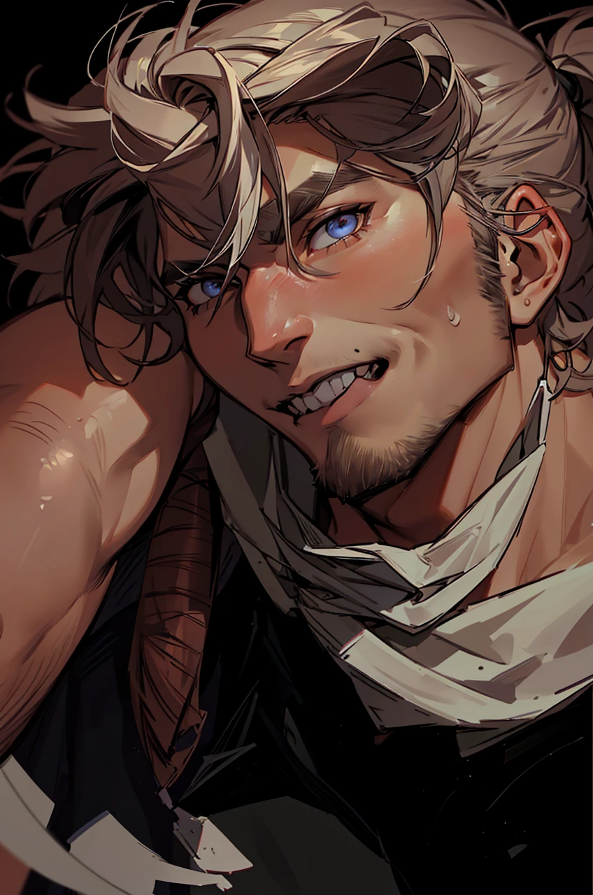 (absurdres, highres, ultra detailed), 1 male, mature, manly, tall muscular, handsome, detailed eyes, portrait, solo, close up, detailed background, (none background :1.1) short messy hair, eyes close, smile , diastema