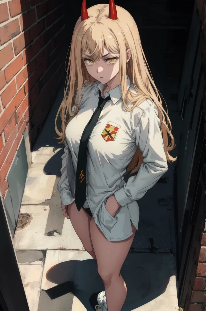 best quality, masterpiece, 1girl, shy, power_csm, blonde hair, yellow eyes, cross-shaped pupils, symbol-shaped pupils, red horns, sharp teeth, white buttoned shirt, blue jacket, black necktie, black pants, sneaker shoes, standing in front of a brick wall, end of the day, from front, looking at the viewer, naked