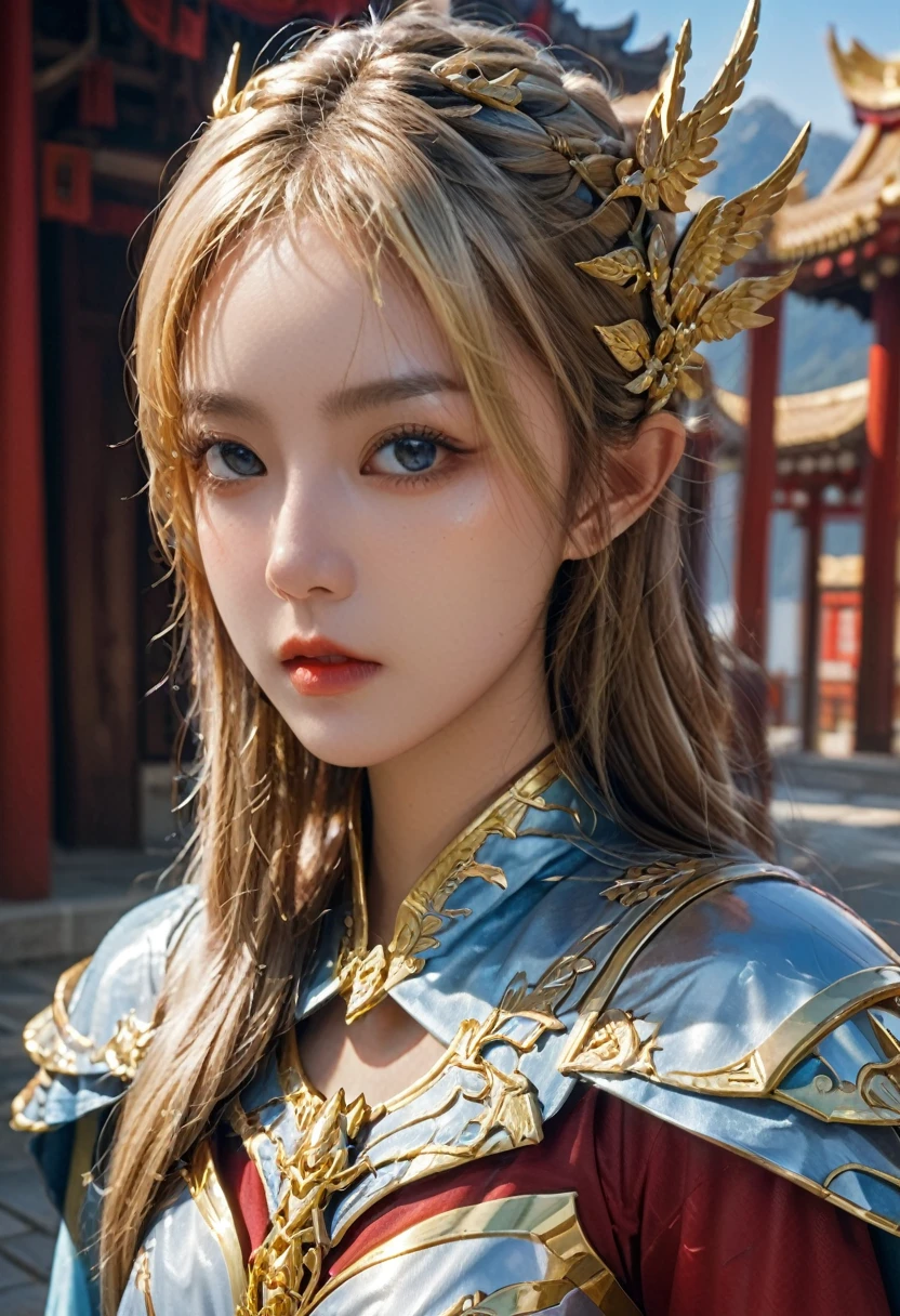 a celestial princess,wearing  red and gold mythical armor, iridescent, vibrant, octane render, icy blue eyes, blonde hair, intricate mythical steel thigh armor, intricate mythical steel tigh latex armor, cape, intricate mythical wing-like pagoda headpiece, standing in front of ancient temple, sky full of stars, highly detailed, ultra-realistic, 8k, photorealistic, cinematic lighting, volumetric lighting, dramatic shadows, epic fantasy, digital painting, intricate details, award winning art