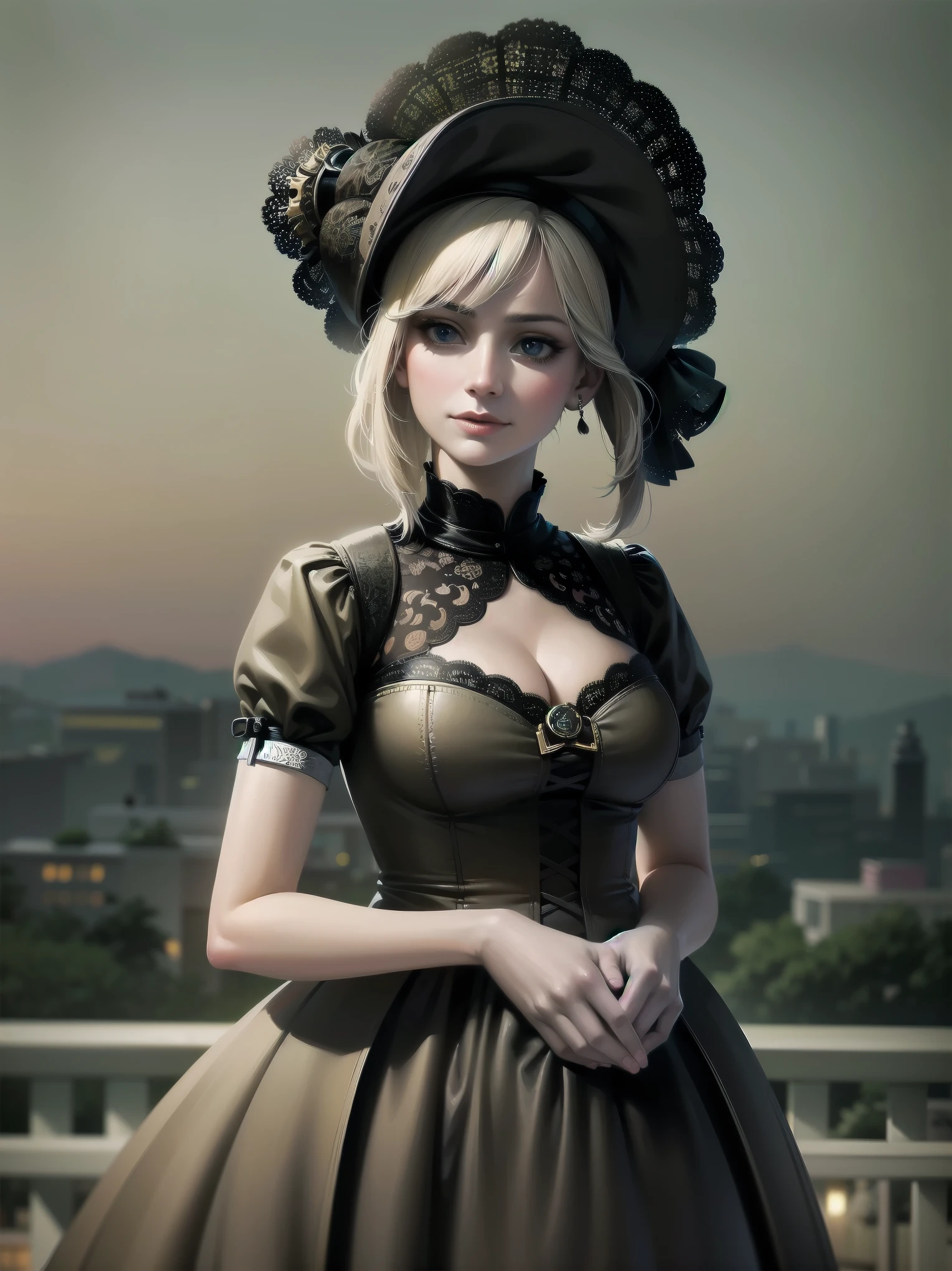 (Highest quality、16K、masterpiece、Ultra-high resolution、Victorian era、Photorealistic:1.2)、A delicate Lolita girl, aged 13, stands on a castle balcony at dusk, surrounded by the city's skyline and steampunk contraptions. Her platinum hair is messy, framing her androgynous charm. She wears a flowing white dress with a light green tie and holds a pocket watch in hand. A subtle smile plays on her lips as she gazes out at the night view, her eyes shining like sapphires. The air is filled with steam spewing from pipes, adding to the surreal atmosphere. Her skin glows with an ultra-dense texture, and her fingers are full and detailed.
