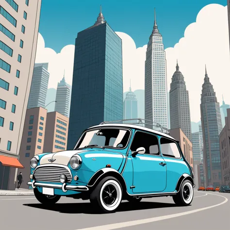 Vector illustration, scenery, ink, Pop Art, sketch, car drifting, 1 set, 1960s Mini Cooper S, Wide Fender, Big Rim, Condemnation...