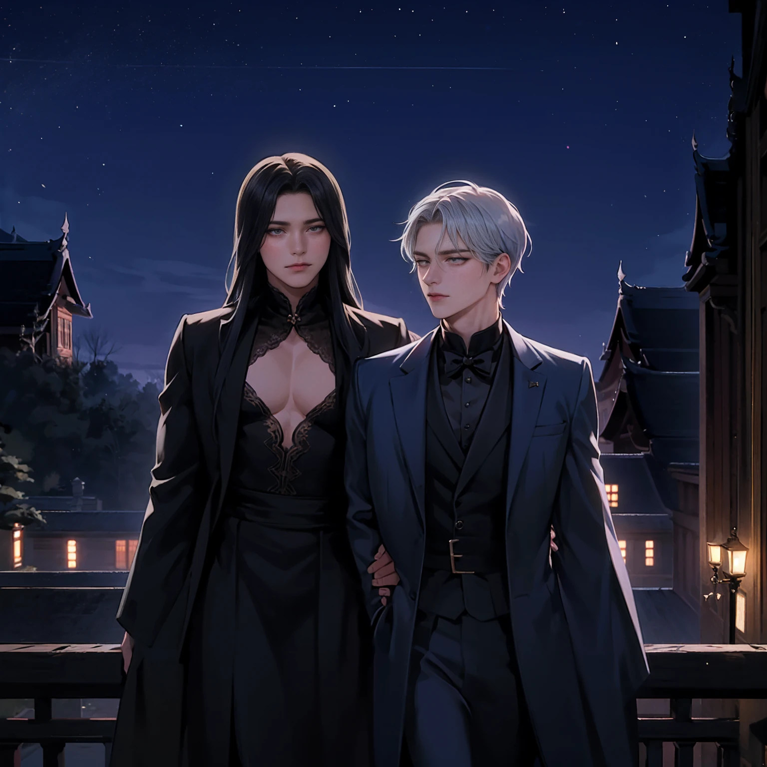 Creating the image of a 20-year-old boy, Thailand, Handsome, Who has a pair of silvery bright eyes, He is a wizard, Start with narix，He wears a black mask，Wearing a black evening gown, Behind him, Rising at night, There is a Victorian stone mansion. Night view  