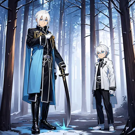 blue eyes, white hair, demon hunter uniform; similar to a black gakuran with a blue ribbon on his waist and multiple magatama ac...