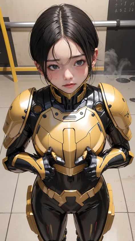 Highest quality　8k yellow metal armor　Robot Suit Girl　Kindergarten girl　Sweaty face　cute　short hair　boyish　Steam coming from the...