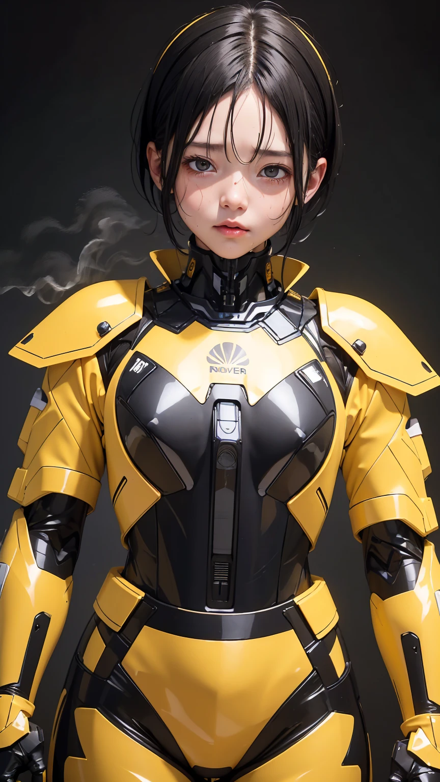 Highest quality　8k yellow metal armor　Robot Suit Girl　Kindergarten girl　Sweaty face　cute　short hair　boyish　Steam coming from the head　My hair is wet with sweat　Black Hair　Steam from the whole body　　Full body portrait　My upper body is soaked　After club activities　