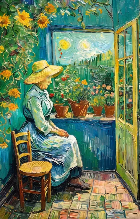 an elderly woman in a vibrant garden, tending to her plants, with a look of contentment and peace, depicted with the lush colors...