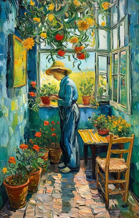 an elderly woman in a vibrant garden, tending to her plants, with a look of contentment and peace, depicted with the lush colors...