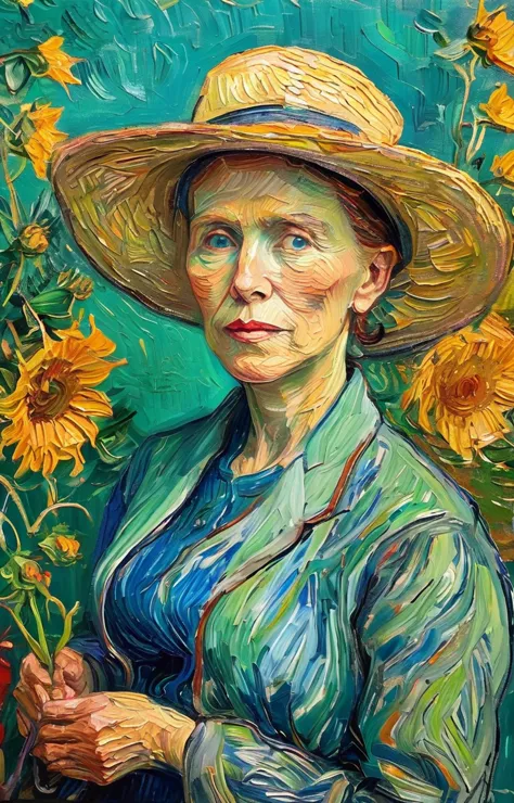 an elderly woman in a vibrant garden, tending to her plants, with a look of contentment and peace, depicted with the lush colors...