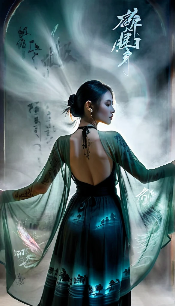 Double Exposure Style,Volumetric Lighting,a girl (Supermodel) with Wrap top,arching her back, beautiful tattoo, Traditional Attire,Artistic Calligraphy and Ink,light depth,dramatic atmospheric lighting,Volumetric Lighting,double image ghost effect,image combination,double exposure style,