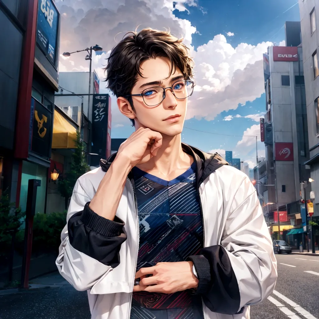 around fifty、anime character wearing glasses and a jacket in the city, realistic anime 3d style, young anime guy, anime style3d,...